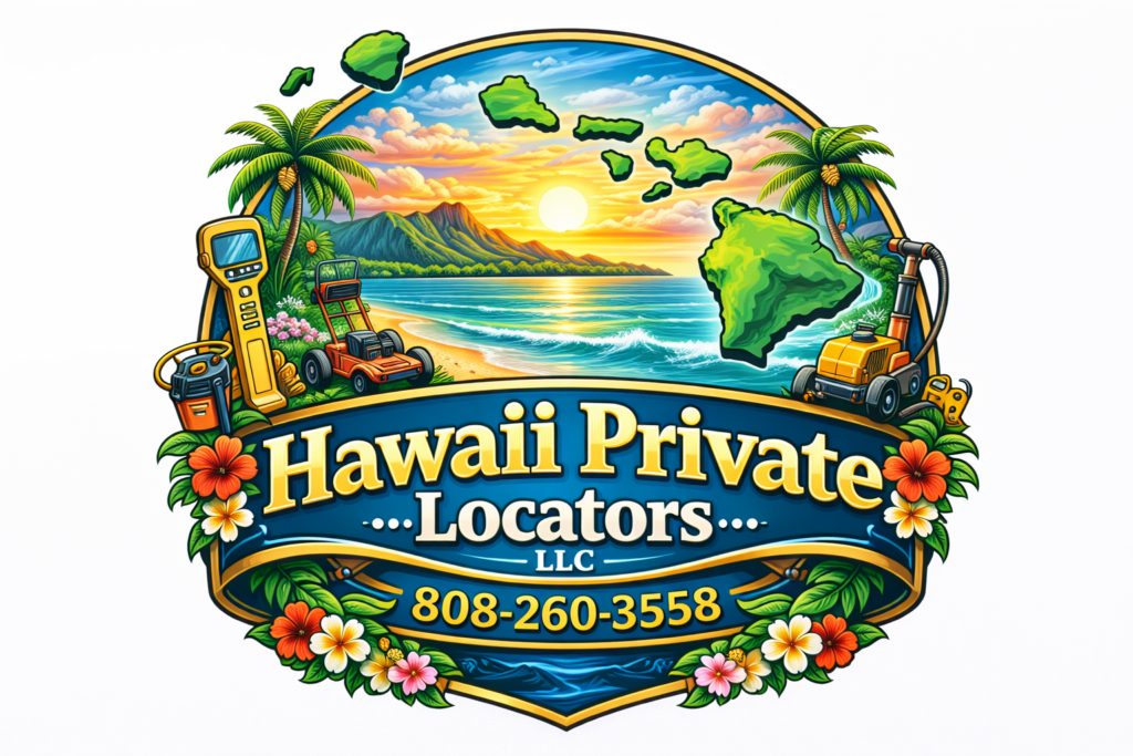 Logo for Hawaii Private Locators LLC with a tropical beach scene, palm trees, island map, and 808-260-3558.