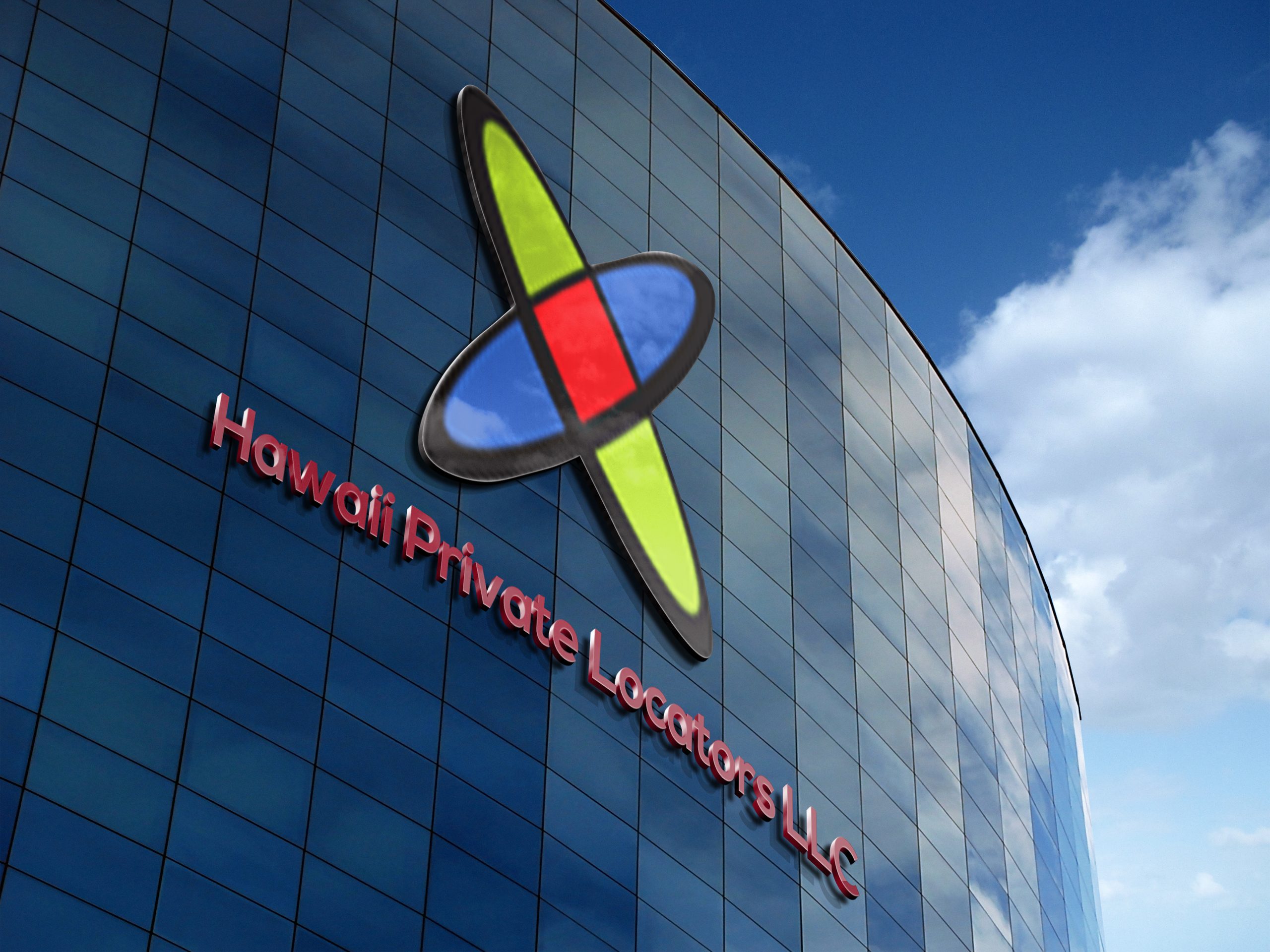 Modern blue glass office facade with a large, colorful curved logo mounted on the wall.