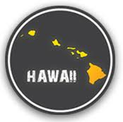 HOC2 | Circular badge showing a yellow map of the Hawaiian Islands on a dark background with the word HAWAII!