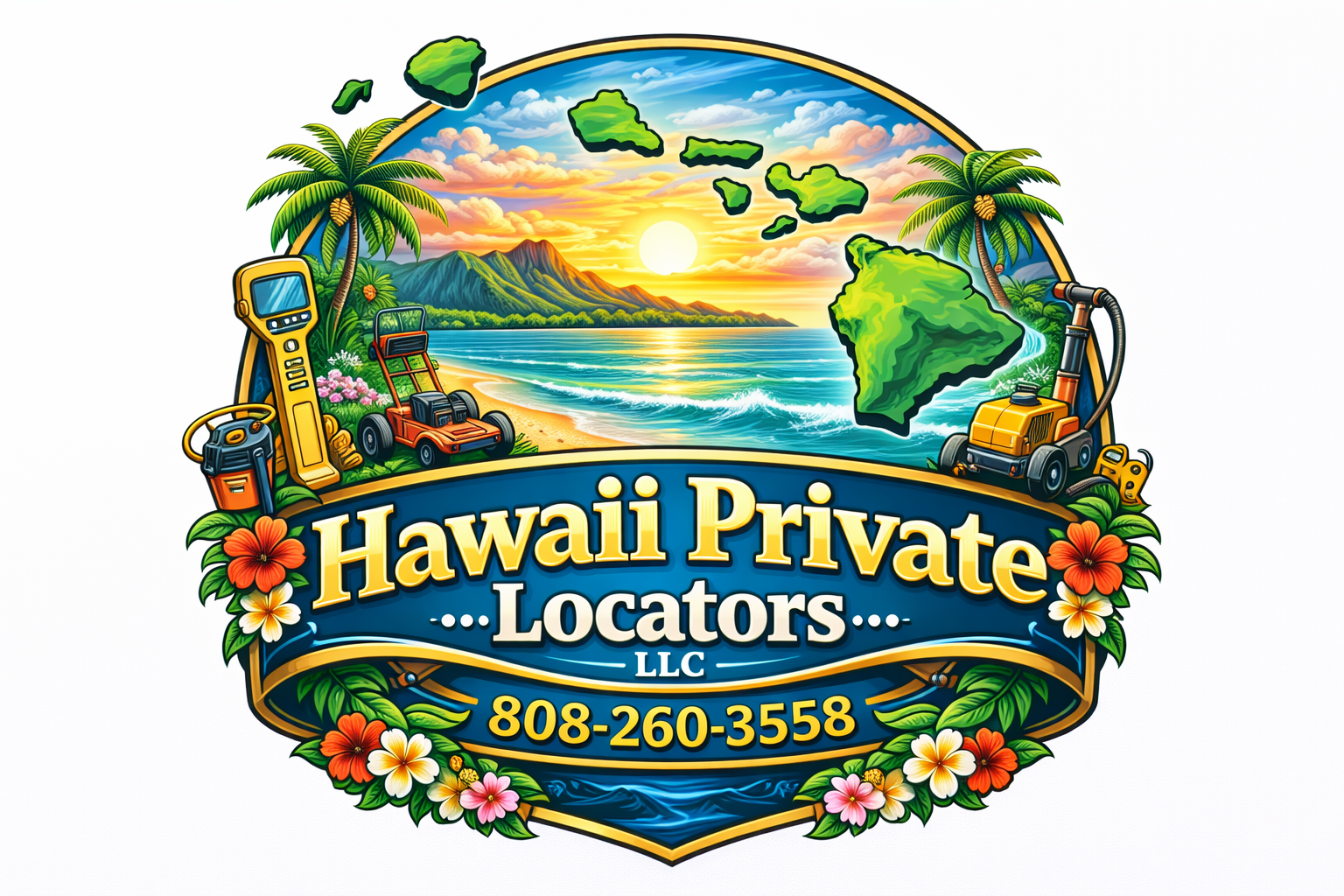 HPL Logo 2026 | Logo for Hawaii Private Locators LLC with a tropical beach scene, palm trees, island map, and 808-260-3558.